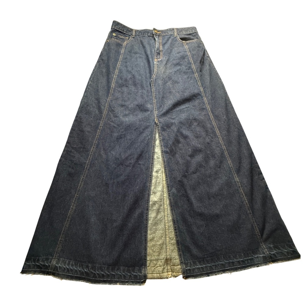 DISSH Dark Wash Denim Maxi Skirt Indigo A-Line Front Slit US 12 SKU106